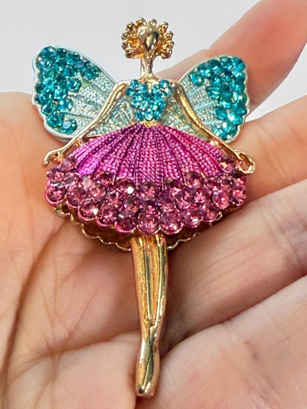 Fairy Ballerina Brooch Articulated Legs Rhinestones Wings Pink Blue 4"